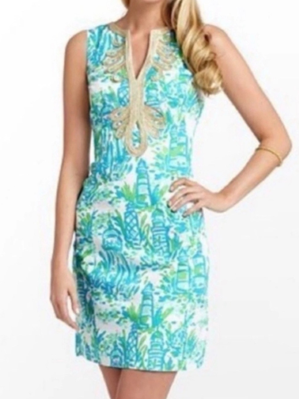 NWOT Lilly Pulitzer Janice Shift Dress Womens HIGH BEAMS Lighthouse Gold Trim 0